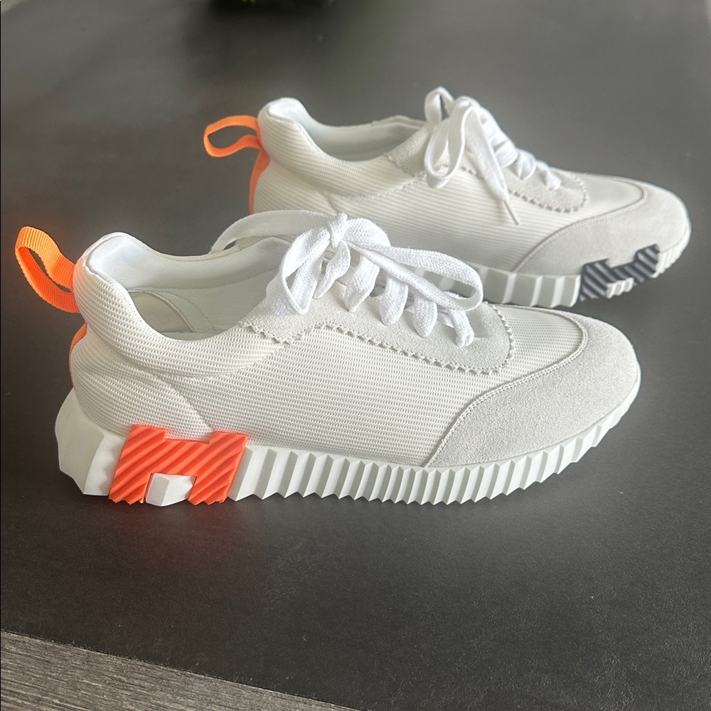 Women’s White Sneakers with Orange Hermes Accents